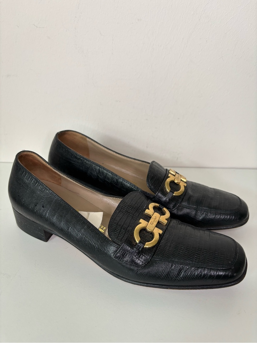 Black Ferragamo  Leather Loafers with Gold Hardware 7.5 run narrow